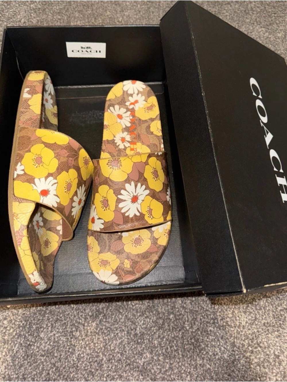 Coach Udele Floral Vanilla Slide Sandals in Brown, Yellow & White - Picture 2 of 5